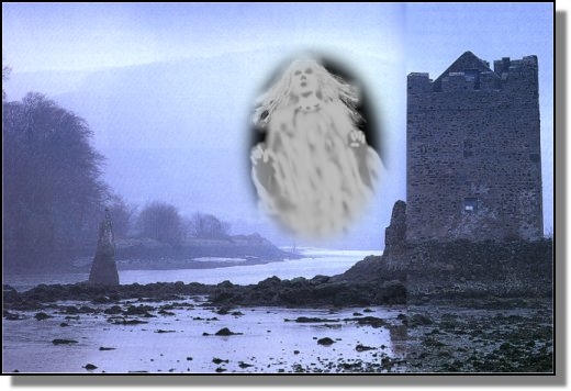 Narrow Water castle by twilight, with the ghost of Lassara Magennis
